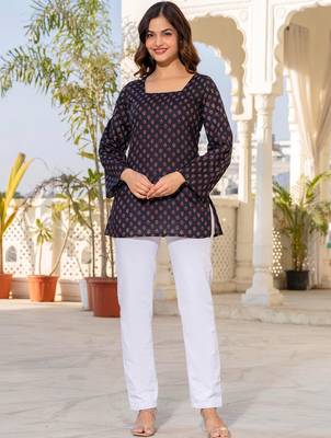 Womens navy blue self design cotton fabric kurtis 3/4 sleeves square neck 1
