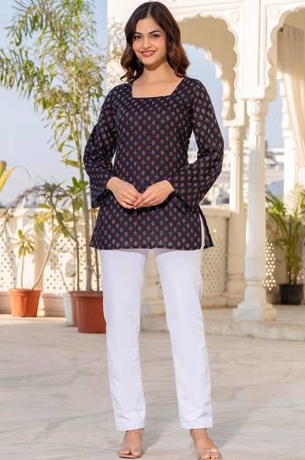 Womens navy blue self design cotton fabric kurtis 3/4 sleeves square neck