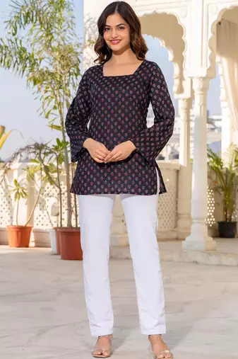 Womens navy blue self design cotton fabric kurtis 3/4 sleeves square neck