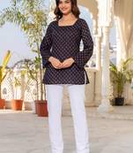 Womens navy blue self design cotton fabric kurtis 3/4 sleeves square neck