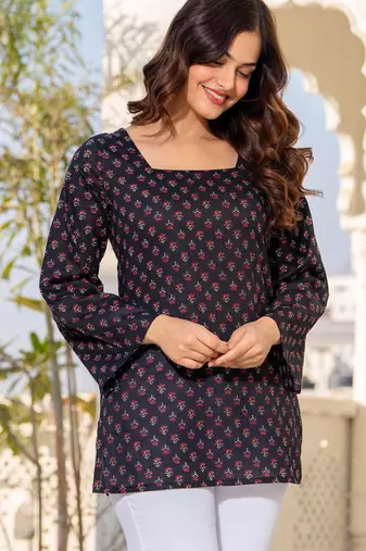 Womens navy blue self design cotton fabric kurtis 3/4 sleeves square neck