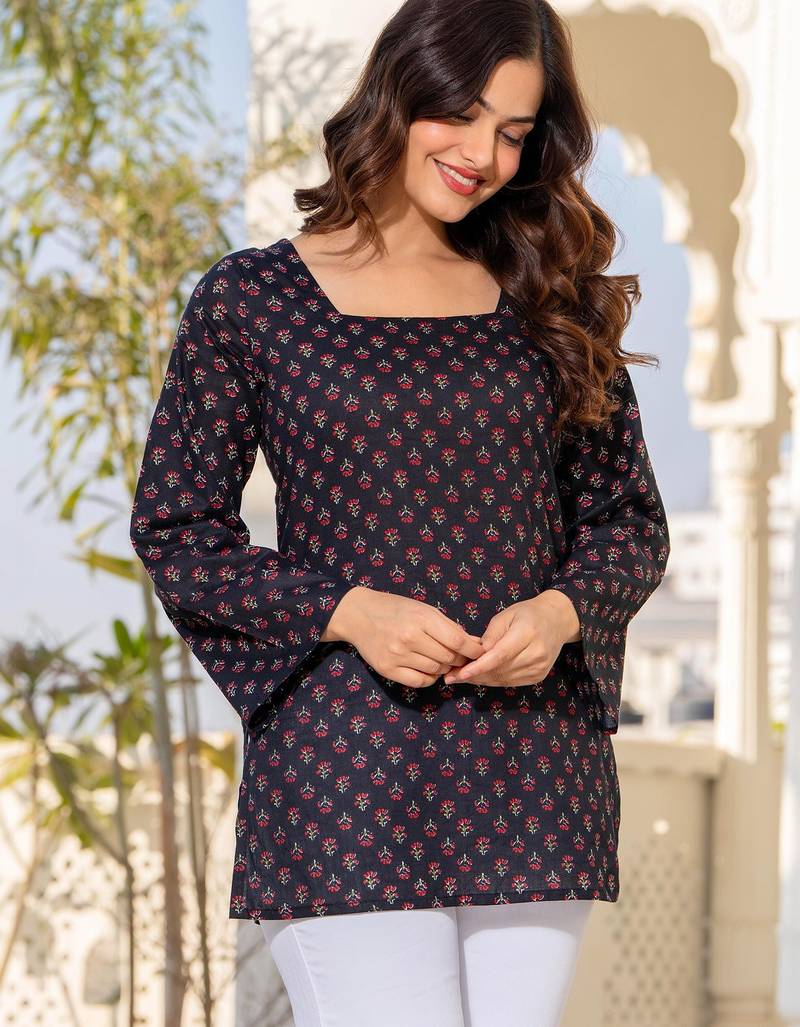 Womens navy blue self design cotton fabric kurtis 3/4 sleeves square neck