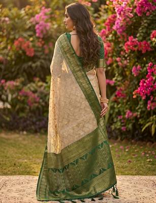 elegant linen saree with dark green border - festive & wedding wear for women 3