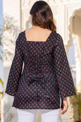 Womens navy blue self design cotton fabric kurtis 3/4 sleeves square neck