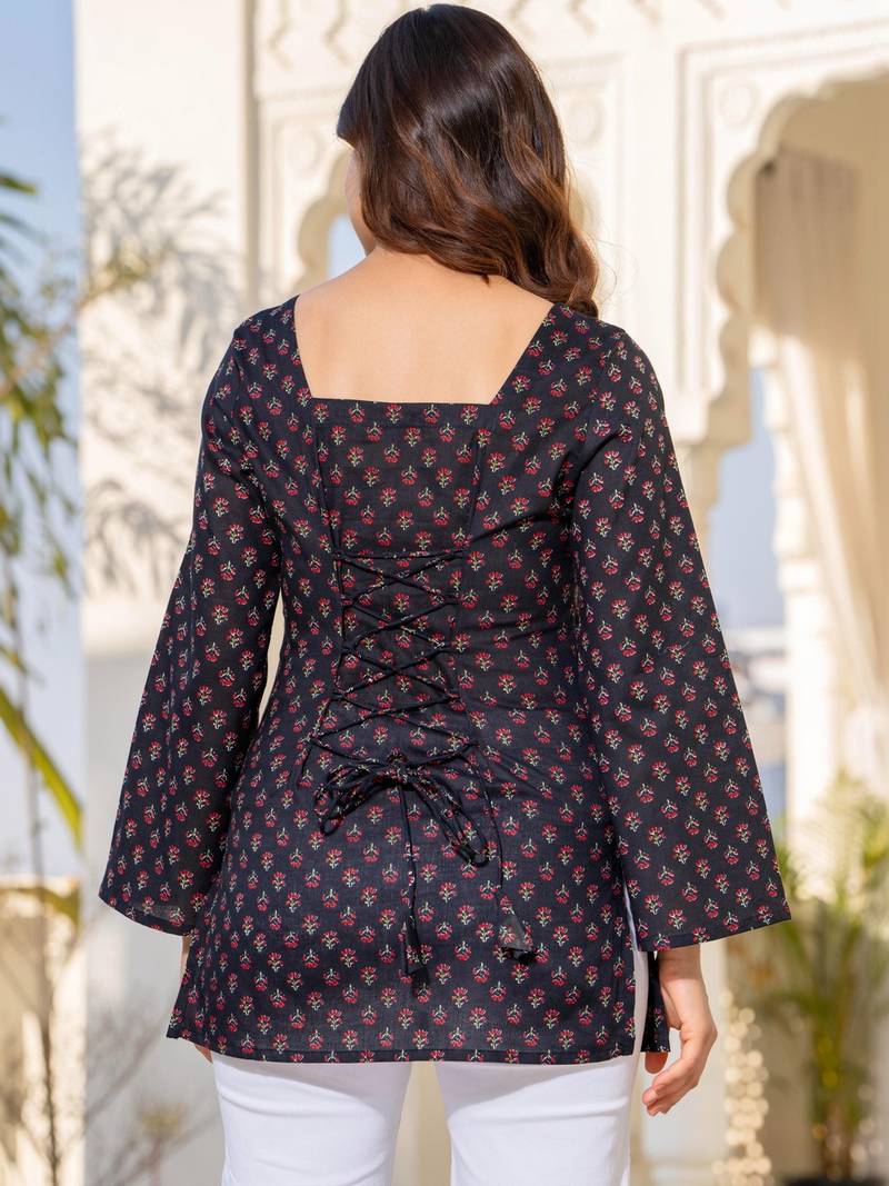 Womens navy blue self design cotton fabric kurtis 3/4 sleeves square neck