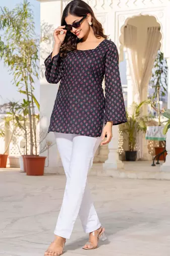 Womens navy blue self design cotton fabric kurtis 3/4 sleeves square neck