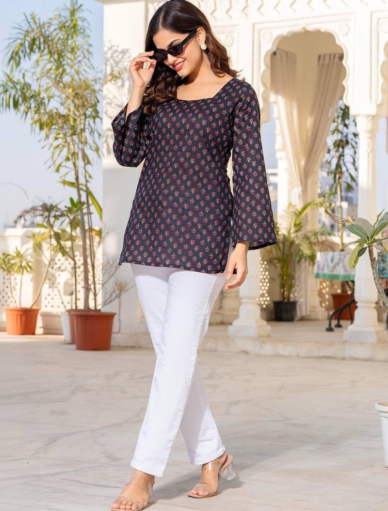 Womens navy blue self design cotton fabric kurtis 3/4 sleeves square neck