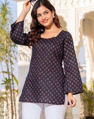 Womens navy blue self design cotton fabric kurtis 3/4 sleeves square neck 5