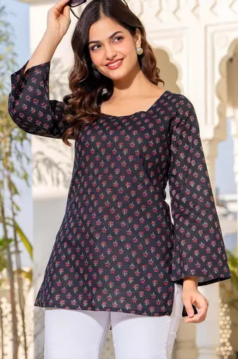 Womens navy blue self design cotton fabric kurtis 3/4 sleeves square neck