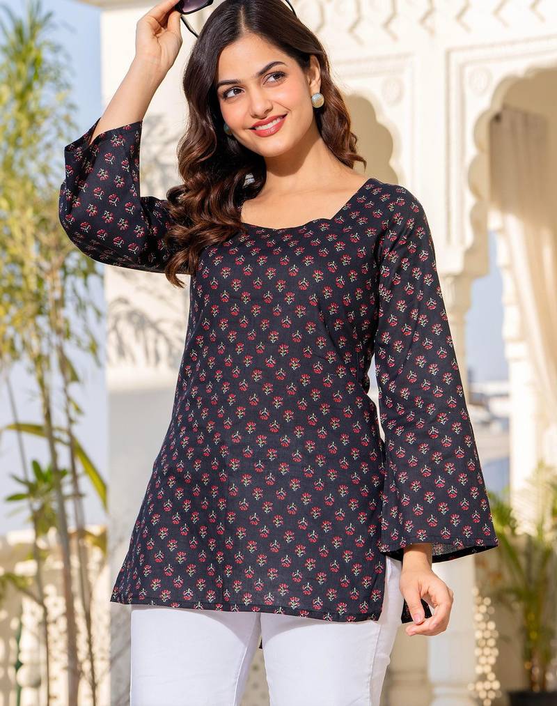 Womens navy blue self design cotton fabric kurtis 3/4 sleeves square neck