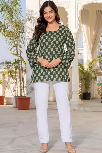 Womens green self design cotton fabric kurtis 3/4 sleeves square neck