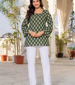 Womens green self design cotton fabric kurtis 3/4 sleeves square neck