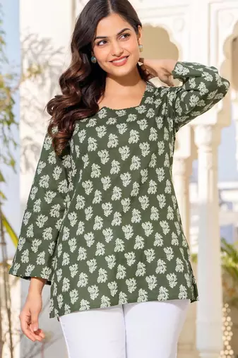 Womens green self design cotton fabric kurtis 3/4 sleeves square neck