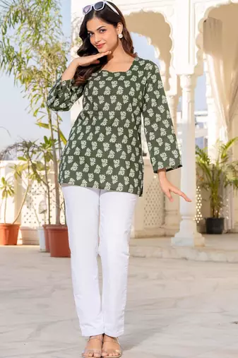 Womens green self design cotton fabric kurtis 3/4 sleeves square neck