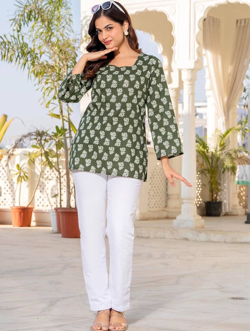 Womens green self design cotton fabric kurtis 3/4 sleeves square neck