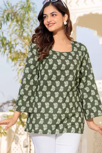 Womens green self design cotton fabric kurtis 3/4 sleeves square neck
