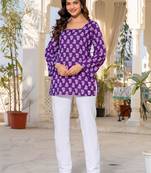 Womens purple self design cotton fabric kurtis 3/4 sleeves square neck