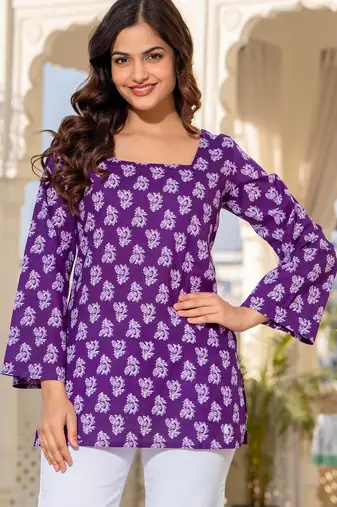 Womens purple self design cotton fabric kurtis 3/4 sleeves square neck