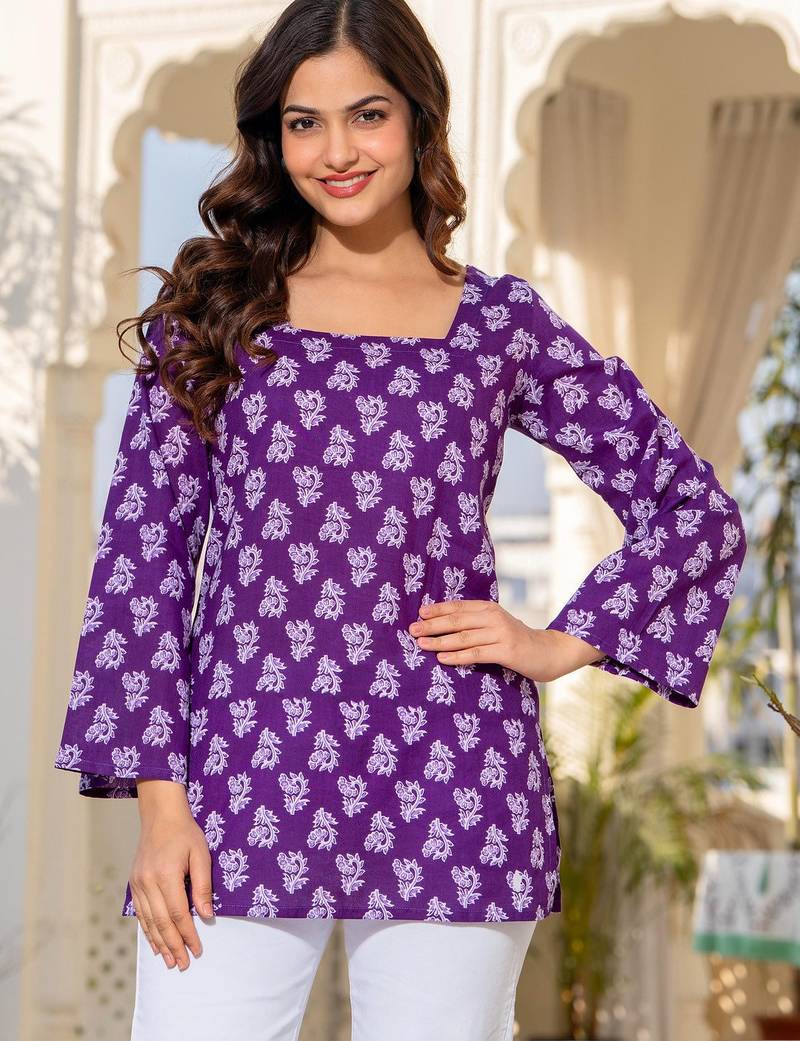Womens purple self design cotton fabric kurtis 3/4 sleeves square neck