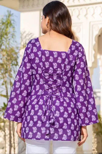 Womens purple self design cotton fabric kurtis 3/4 sleeves square neck
