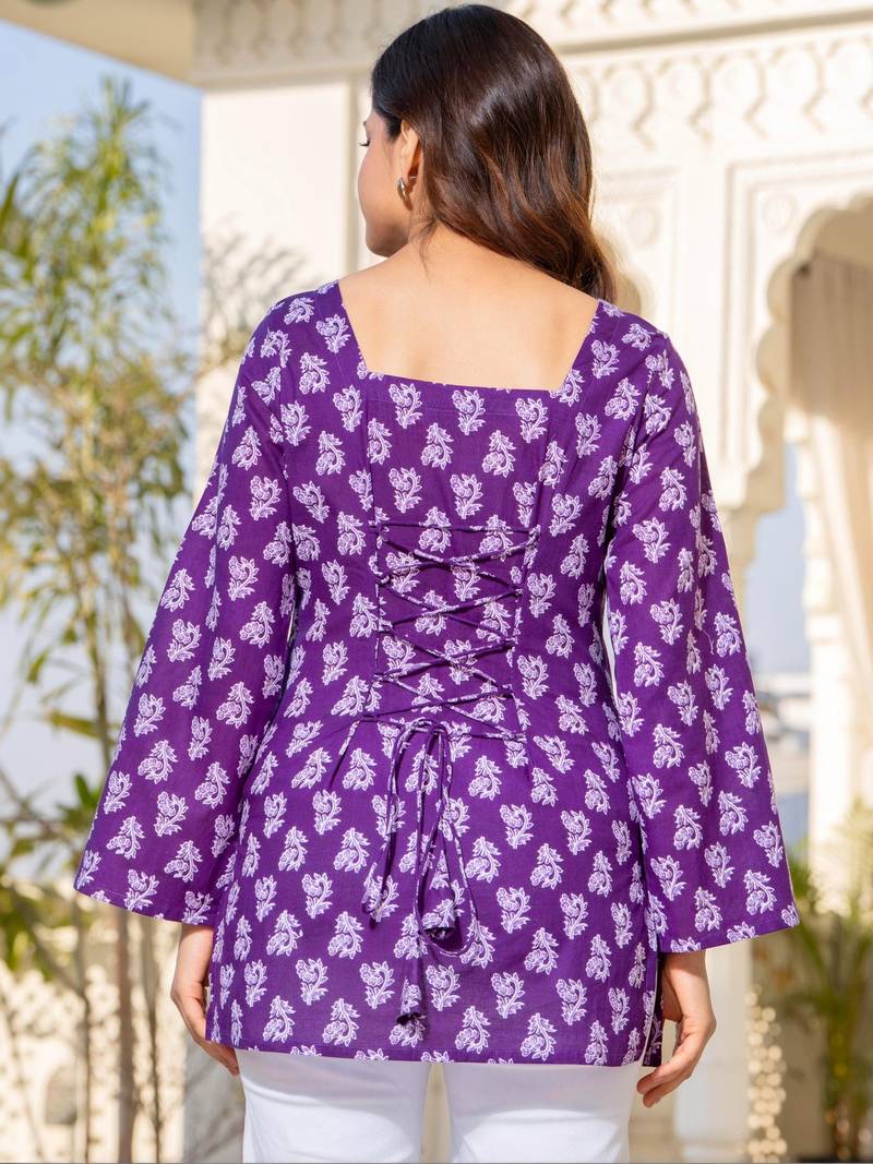Womens purple self design cotton fabric kurtis 3/4 sleeves square neck