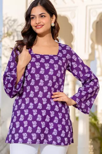 Womens purple self design cotton fabric kurtis 3/4 sleeves square neck