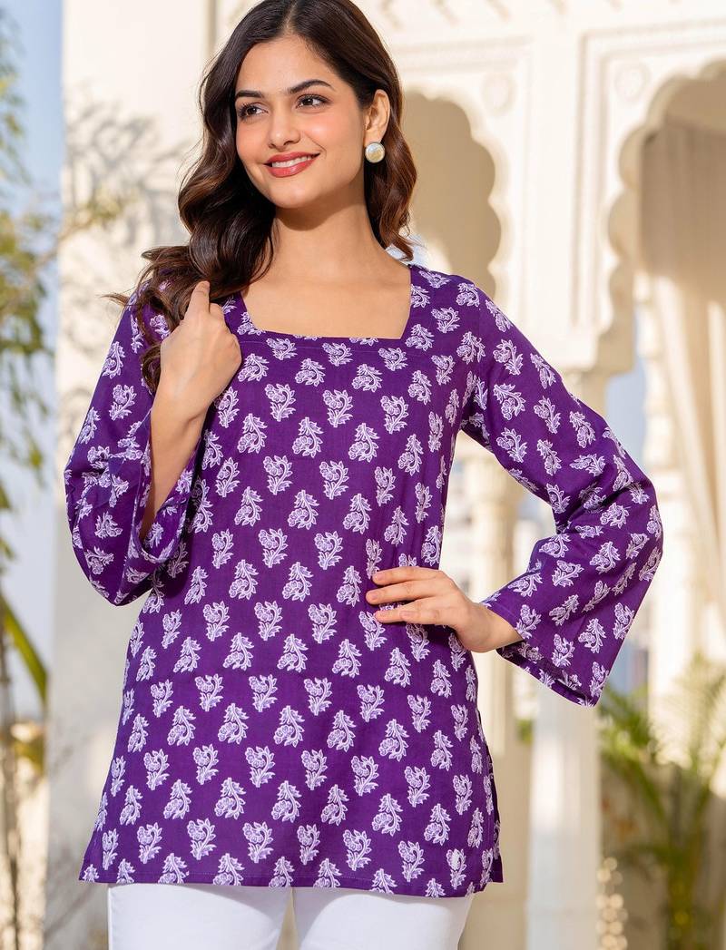 Womens purple self design cotton fabric kurtis 3/4 sleeves square neck