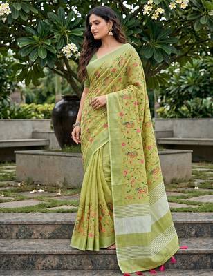 women linen saree with embroidery and tassel pallu 1