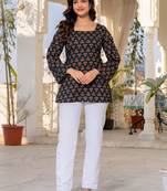 Womens black self design cotton fabric kurtis 3/4 sleeves square neck
