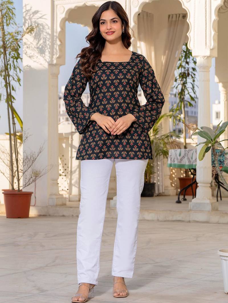Womens black self design cotton fabric kurtis 3/4 sleeves square neck