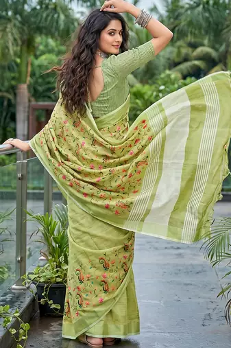 women linen saree with embroidery and tassel pallu