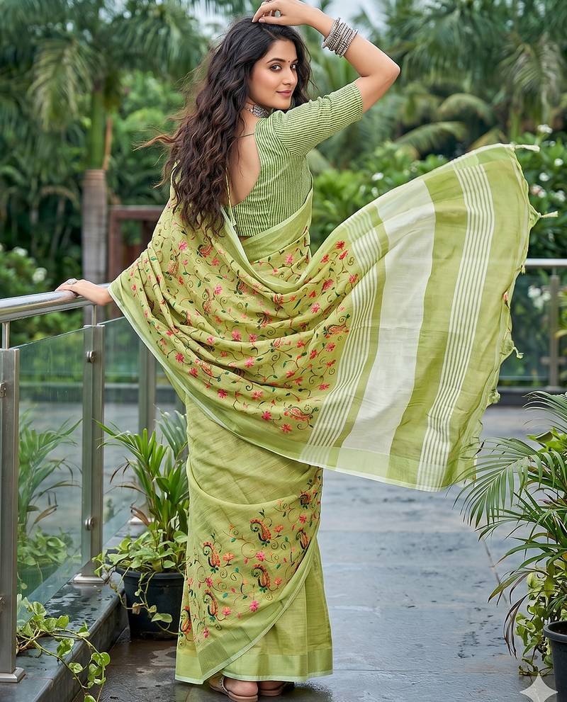 women linen saree with  embroidery and tassel pallu