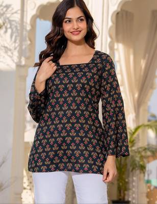 Womens black self design cotton fabric kurtis 3/4 sleeves square neck 2