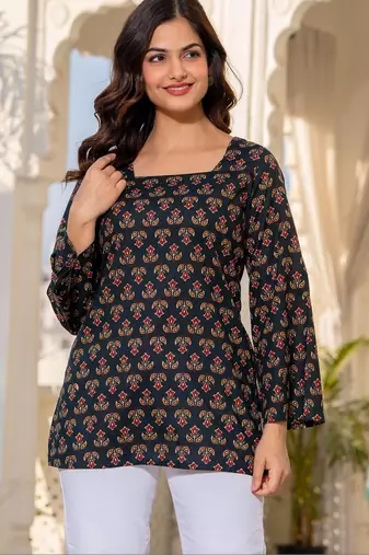 Womens black self design cotton fabric kurtis 3/4 sleeves square neck