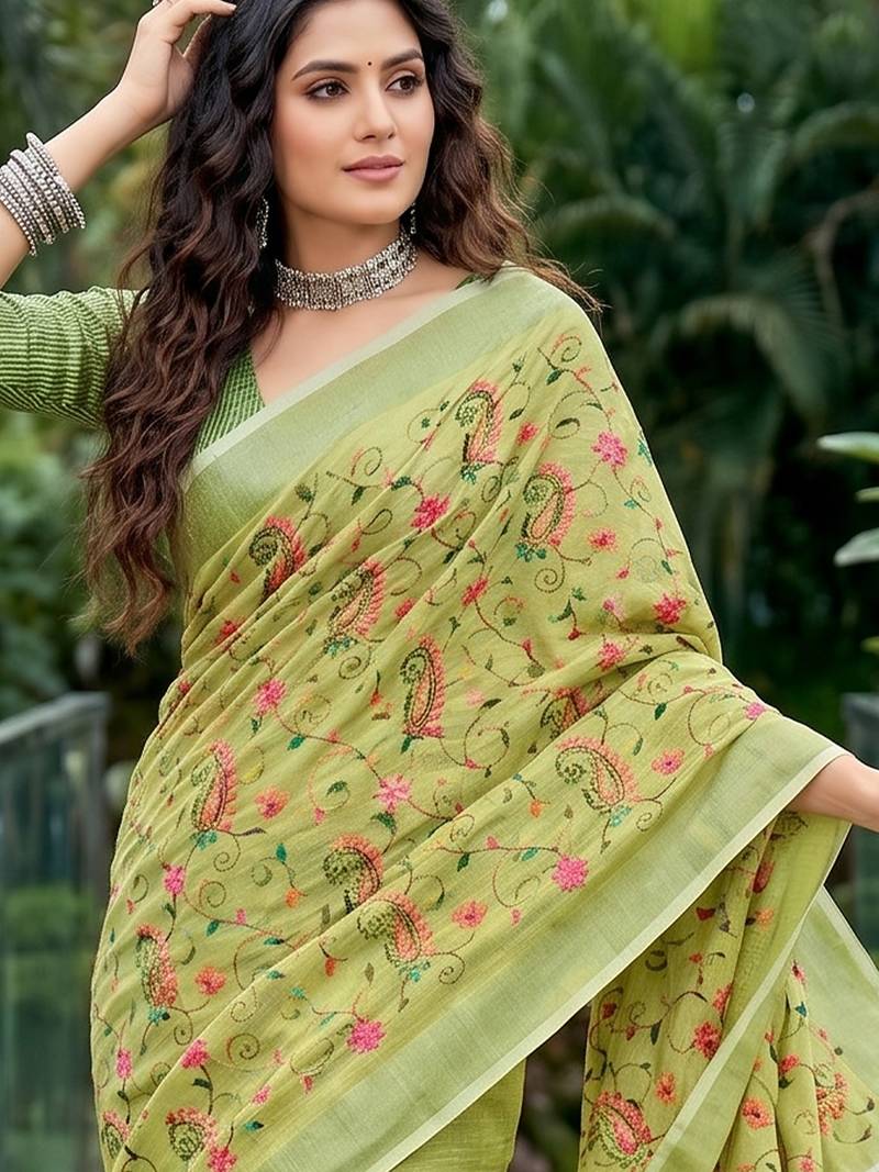 women linen saree with  embroidery and tassel pallu