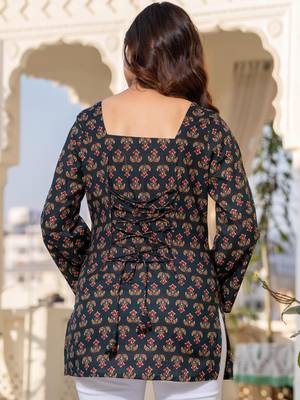 Womens black self design cotton fabric kurtis 3/4 sleeves square neck 3
