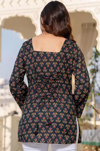 Womens black self design cotton fabric kurtis 3/4 sleeves square neck