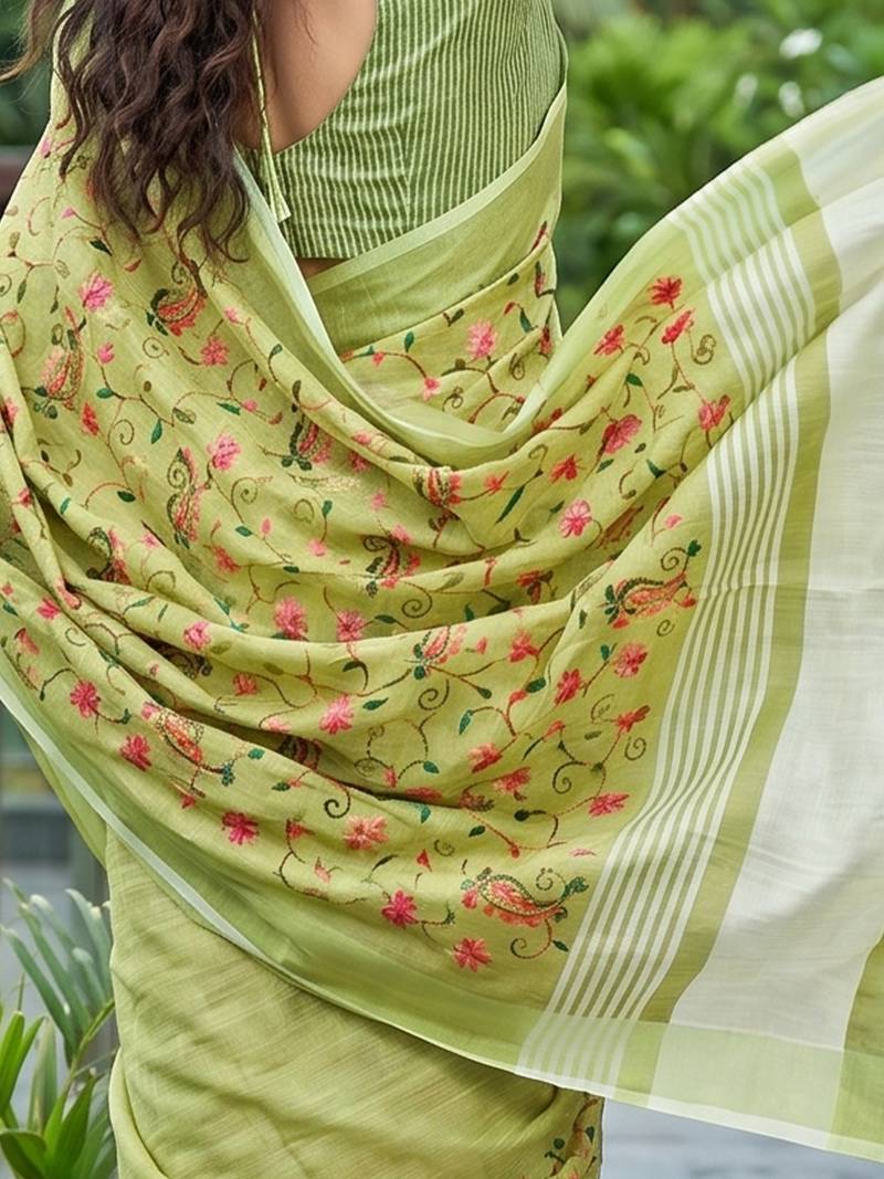 women linen saree with  embroidery and tassel pallu