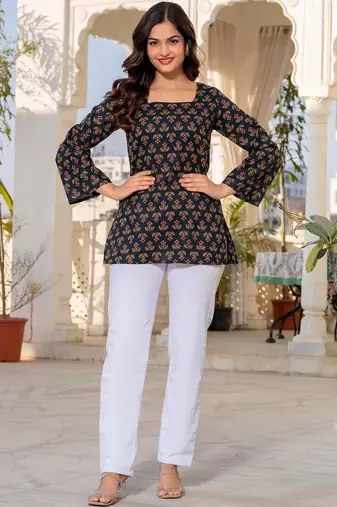 Womens black self design cotton fabric kurtis 3/4 sleeves square neck