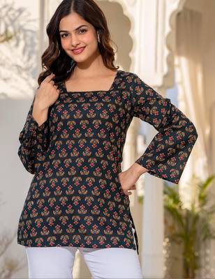 Womens black self design cotton fabric kurtis 3/4 sleeves square neck 5