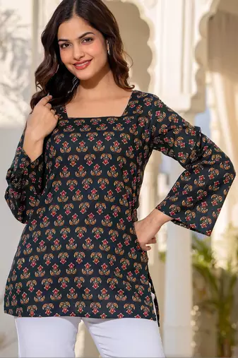 Womens black self design cotton fabric kurtis 3/4 sleeves square neck
