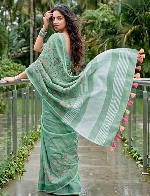women linen saree with embroidery and tassel pallu 2
