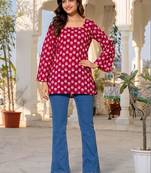 Womens maroon self design cotton fabric kurtis 3/4 sleeves square neck