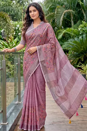 women linen saree with  embroidery and tassel pallu