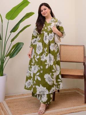 Womens olive self design cotton fabric co-ords 3/4 sleeves v-neck 1