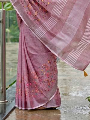 women linen saree with embroidery and tassel pallu 4