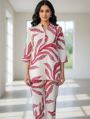 Womens white self design cotton fabric co-ords 3/4 sleeves mandarin collar 1