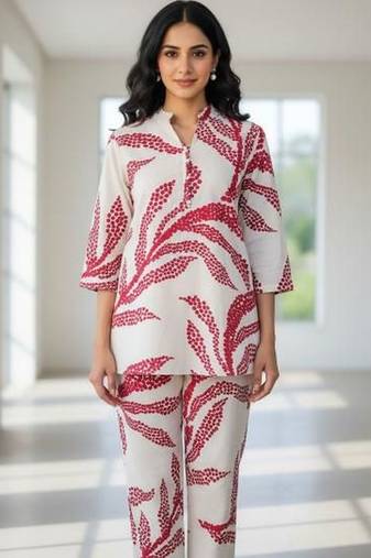 Womens white self design cotton fabric co-ords 3/4 sleeves mandarin collar