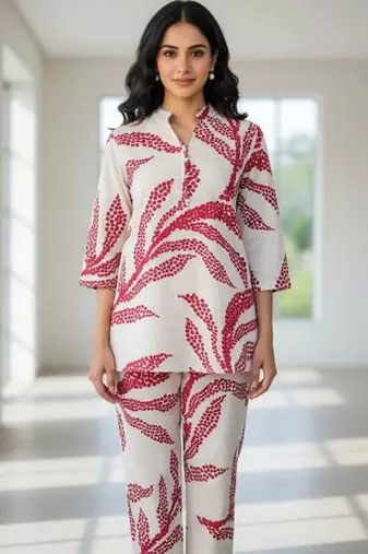 Womens white self design cotton fabric co-ords 3/4 sleeves mandarin collar