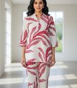Womens white self design cotton fabric co-ords 3/4 sleeves mandarin collar